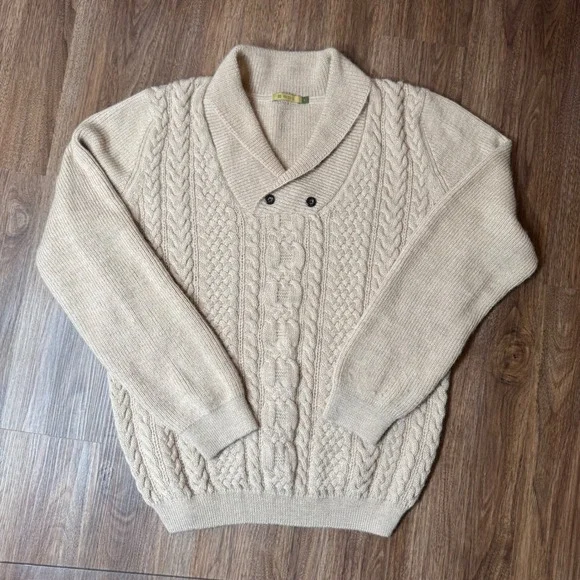 SOL Baby Alpaca Cable Knit Shawl Collar Sweater Women L Beige Cream Quiet Luxury - Picture 2 of 8
